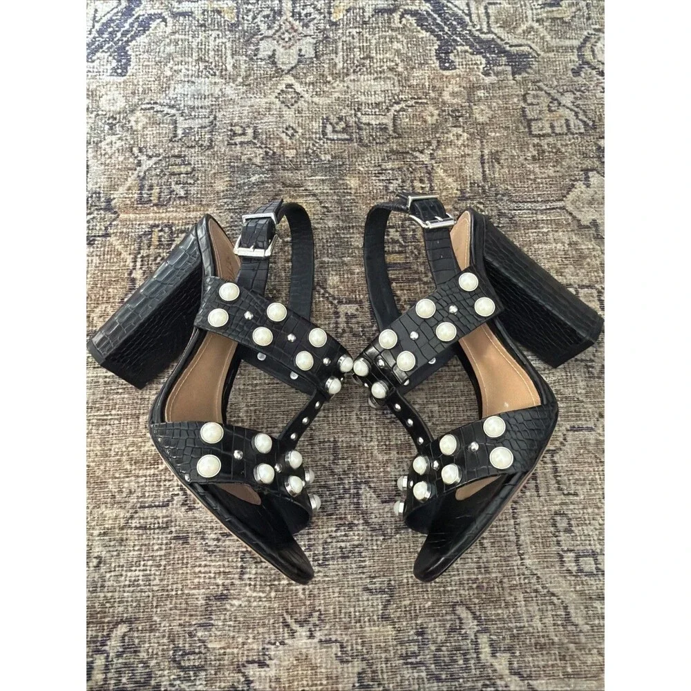 Schutz Zarita Sandals 9.5 Black Croc Embossed Leather Pearl Stud Slingback Heels